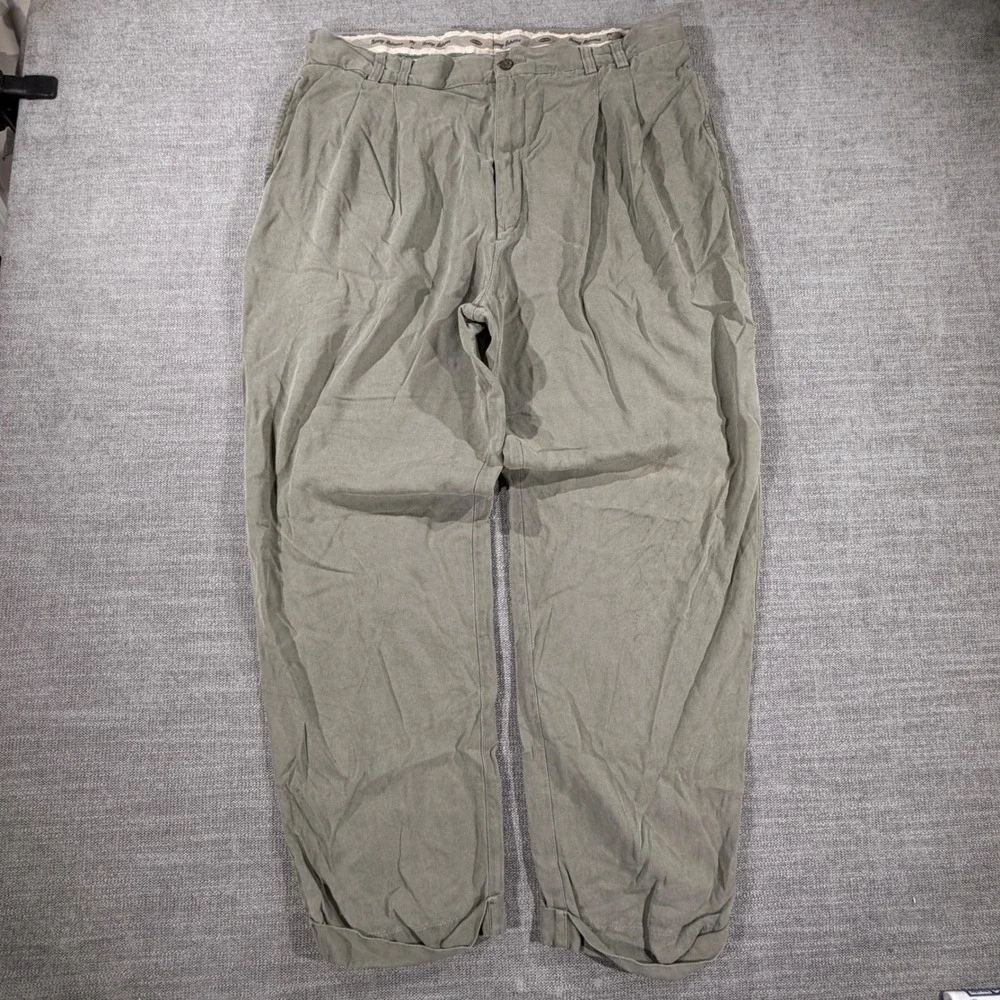Tommy Bahama Silk Trousers Mens 38 Olive Green Excellent Herringbone Pleated